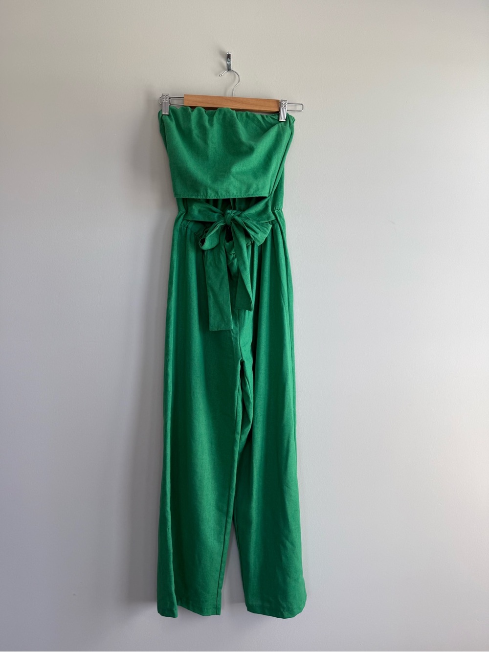 Strapless Green Wide-Leg Jumpsuit with Waist Tie
